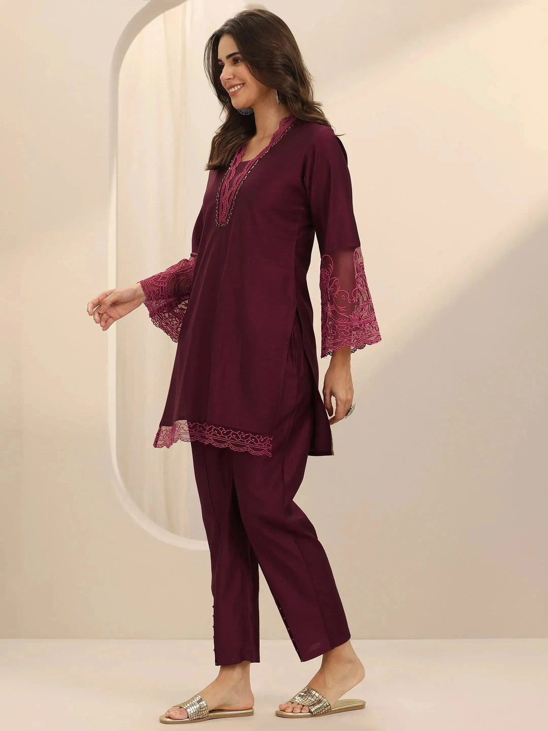  Burgundy Self Design Silk Blend Co-Ord Sets 