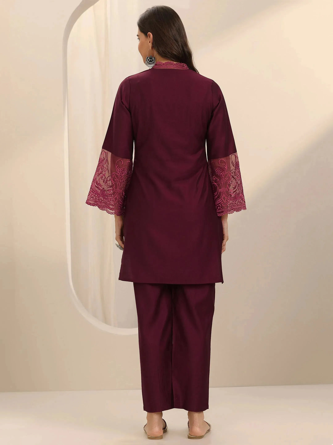 Burgundy Self Design Silk Blend Co-Ord Sets 