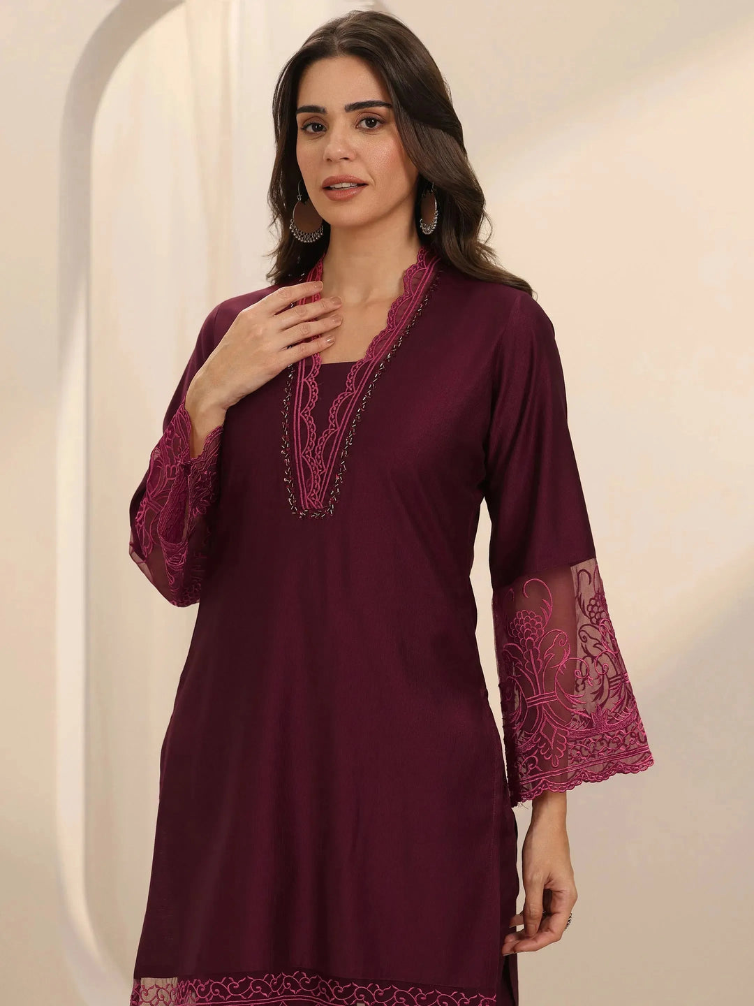  Burgundy Self Design Silk Blend Co-Ord Sets 