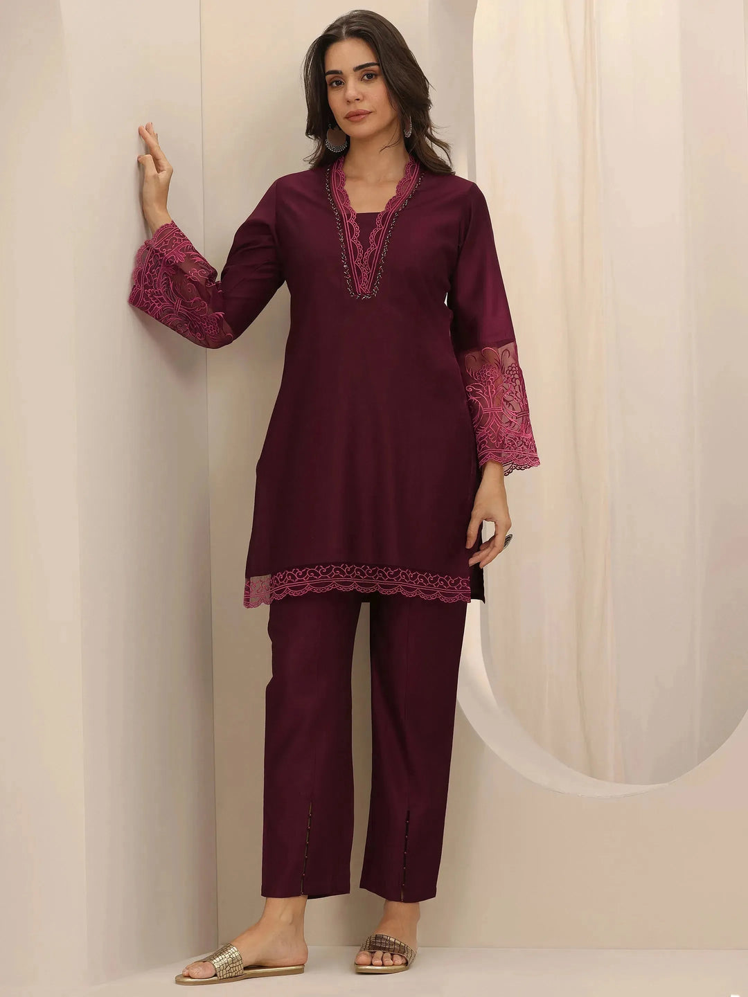  Burgundy Self Design Silk Blend Co-Ord Sets 