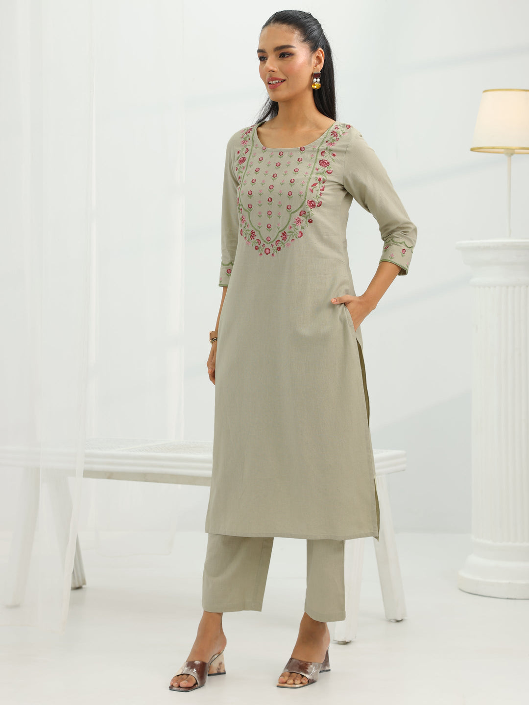  Beige Yoke Design Cotton Straight Suit Set With Dupatta 
