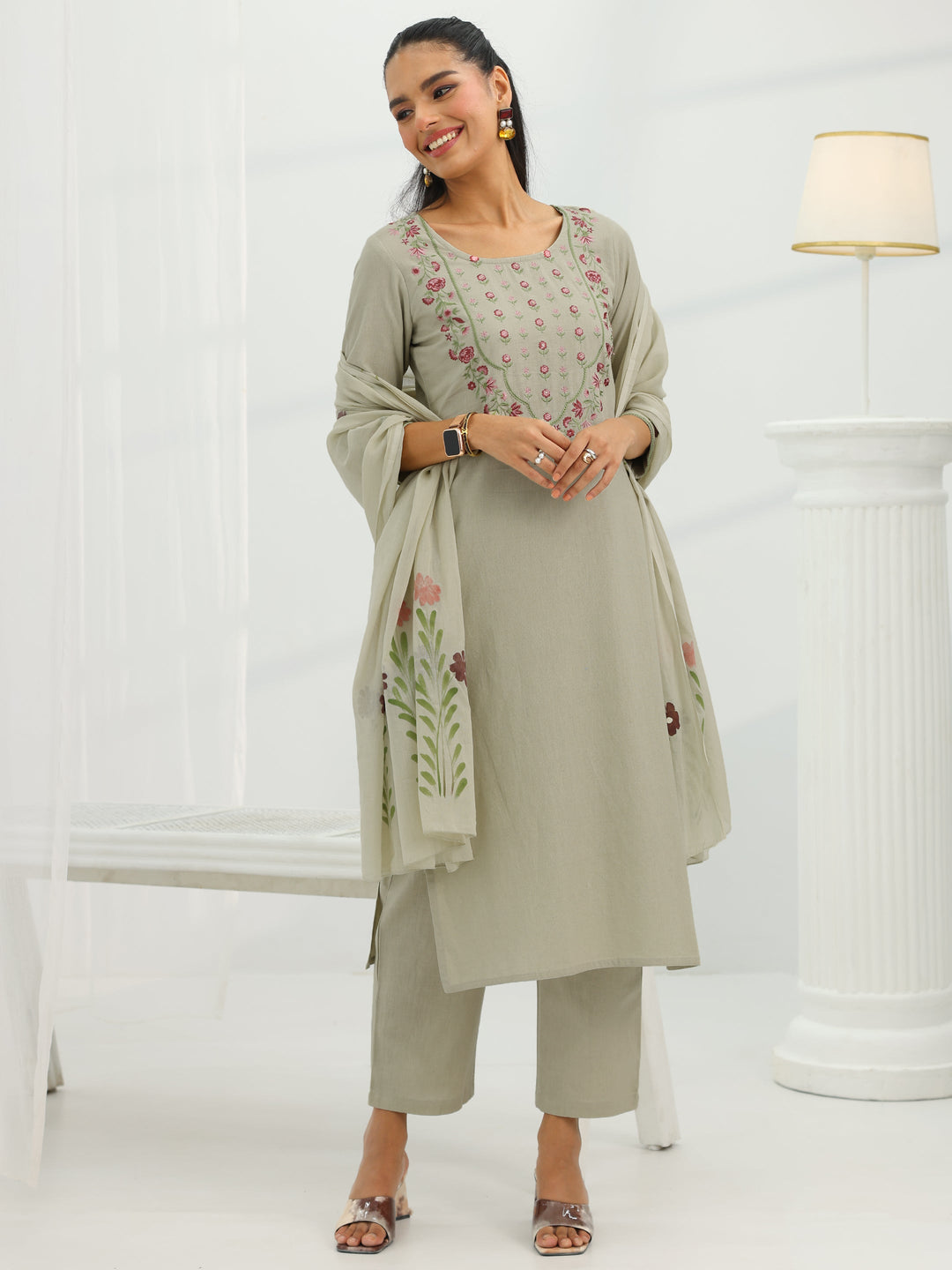  Beige Yoke Design Cotton Straight Suit Set With Dupatta 