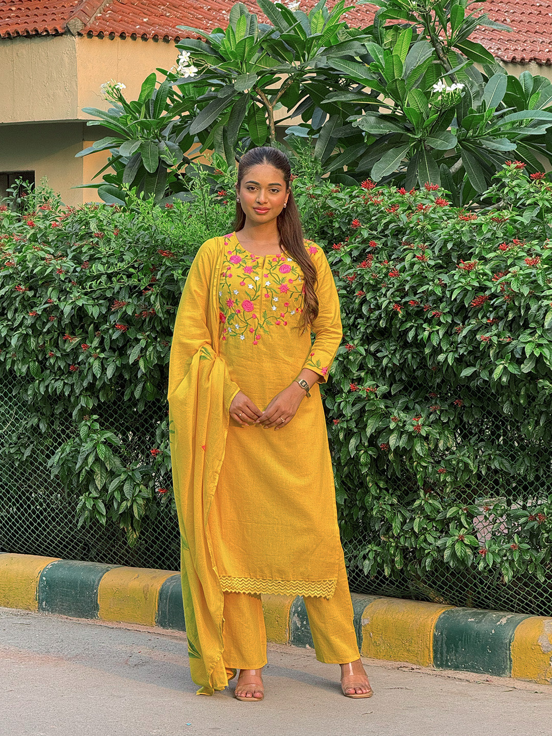 Libas Mustard Yoke Design Cotton Straight Suit Set With Dupatta