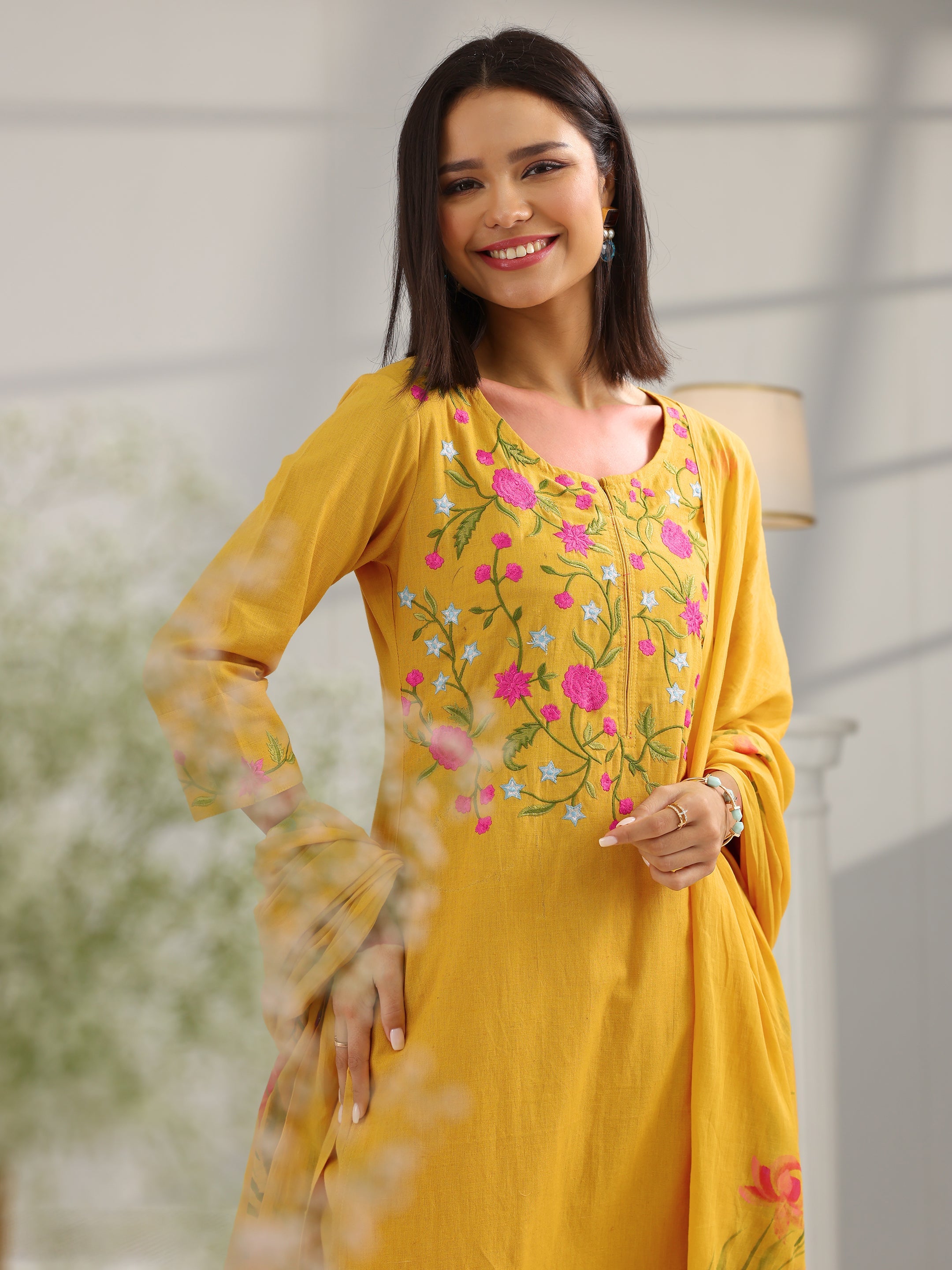 Mustard Yoke Design Cotton Straight Suit Set With Dupatta-image-8