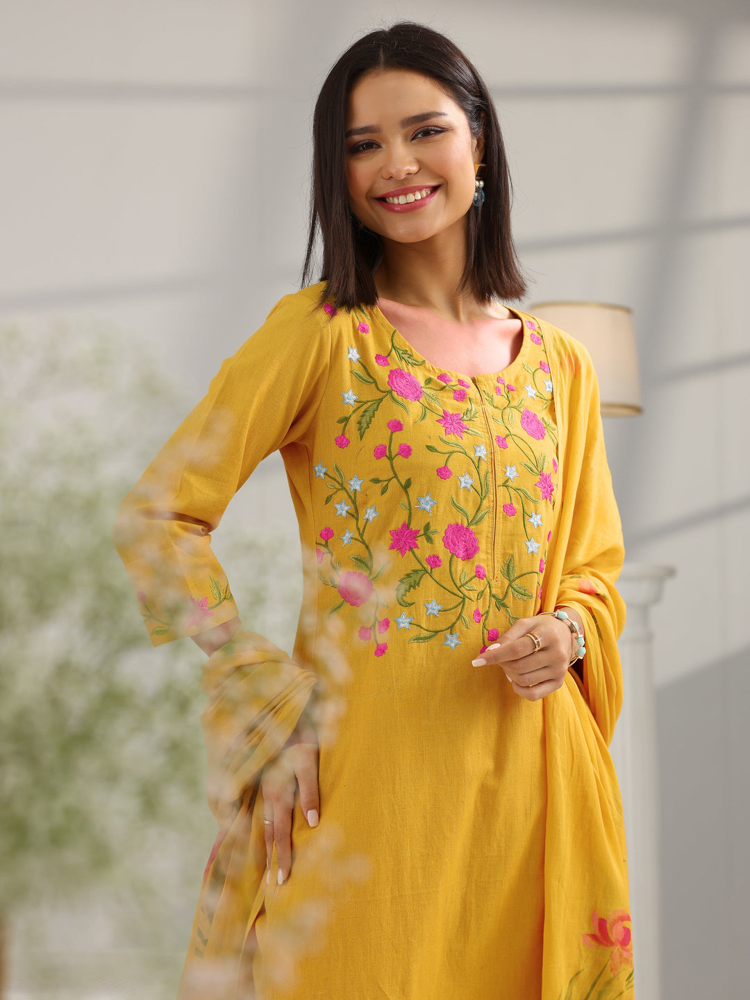  Mustard Yoke Design Cotton Straight Suit Set With Dupatta 