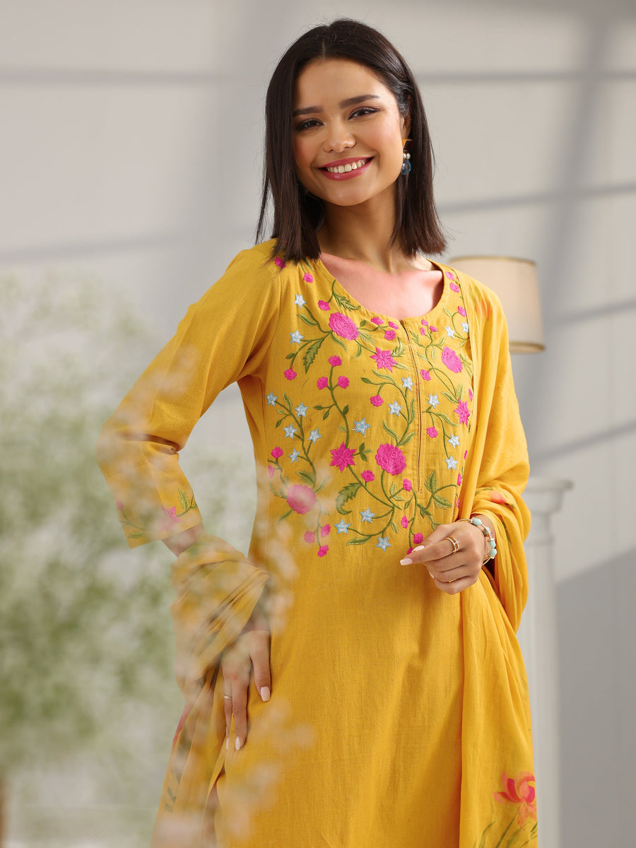 Mustard Yoke Design Cotton Straight Suit Set With Dupatta