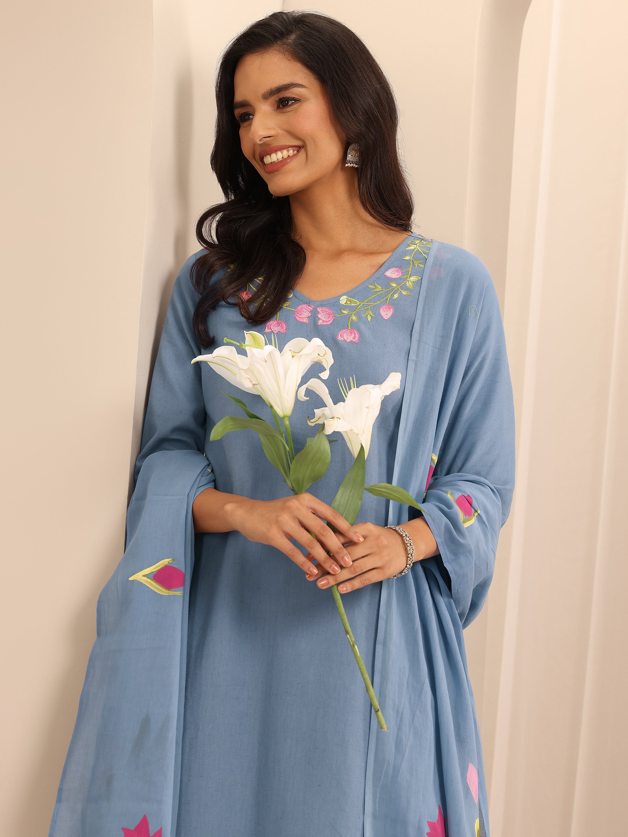 libas Blue Embroidered Cotton Straight Suit Set With Dupatta-picture-10