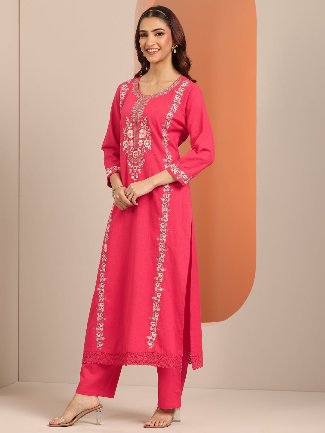  Coral Embroidered Cotton Straight Suit Set With Dupatta 