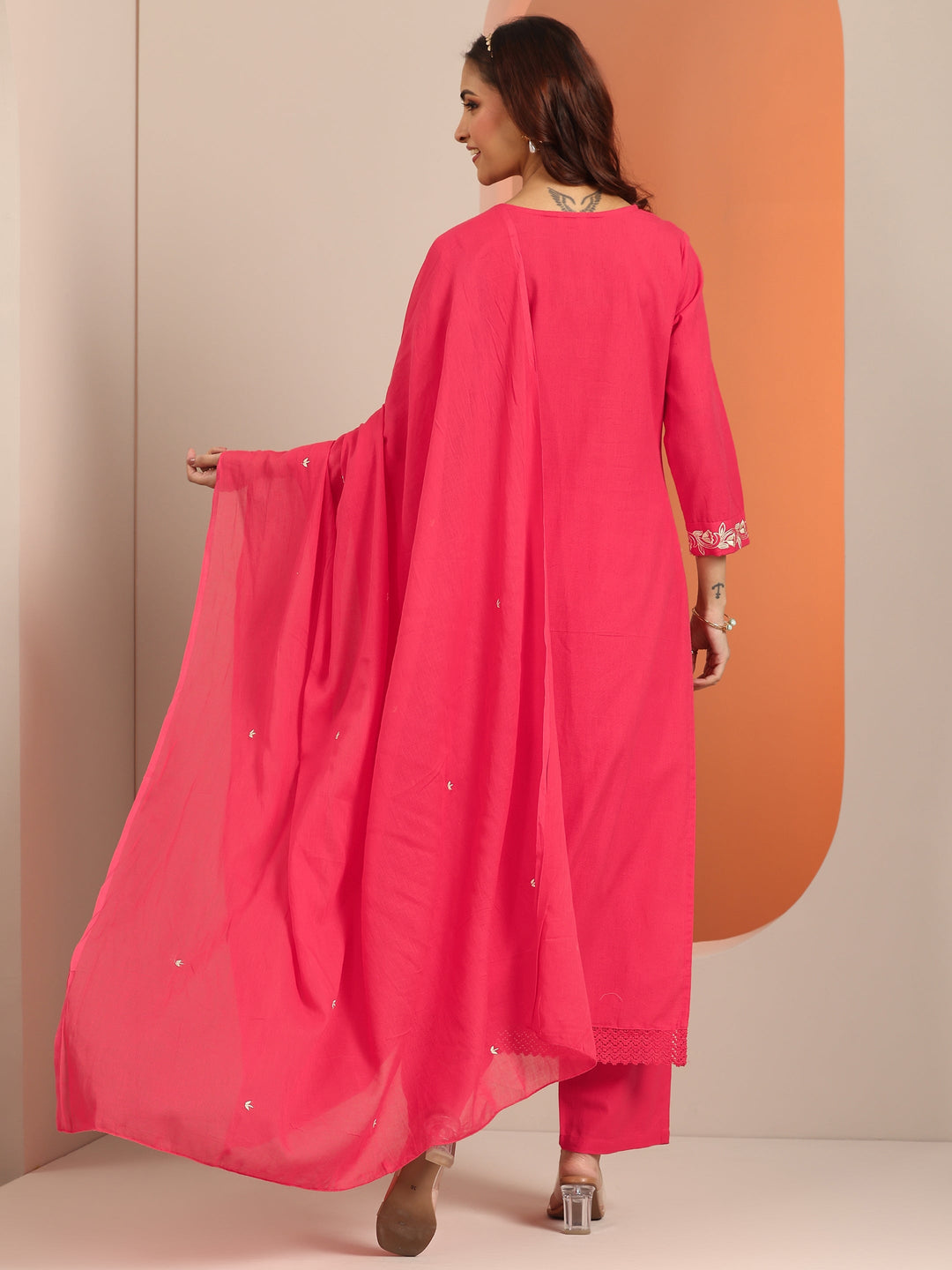  Coral Embroidered Cotton Straight Suit Set With Dupatta 