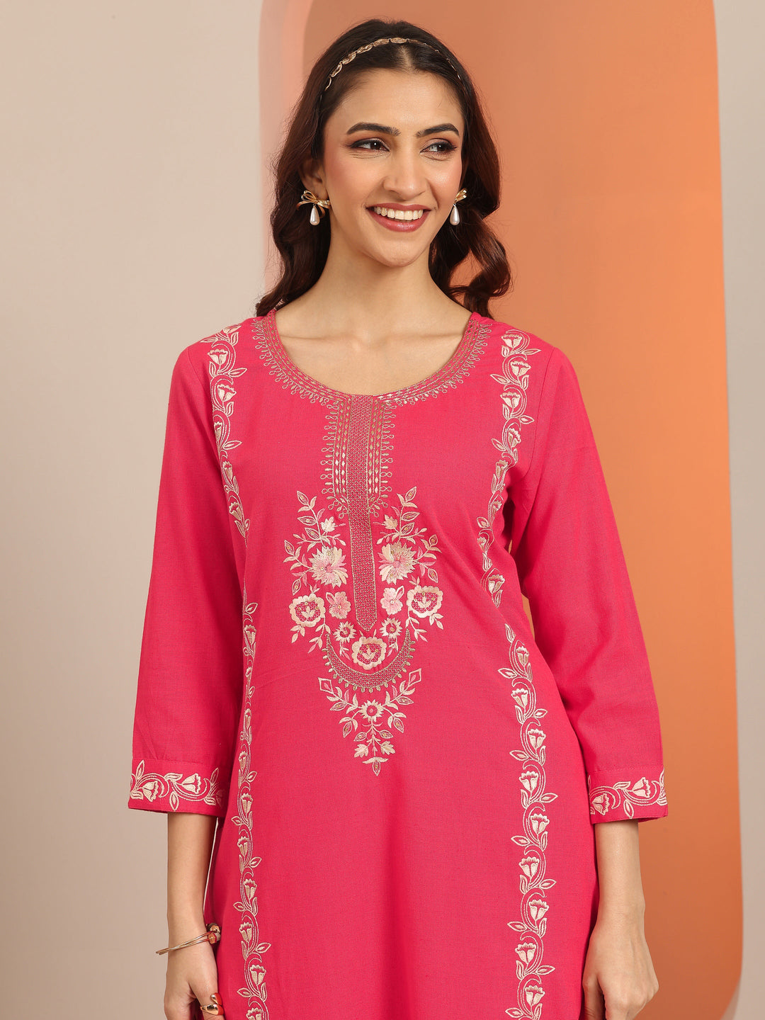  Coral Embroidered Cotton Straight Suit Set With Dupatta 