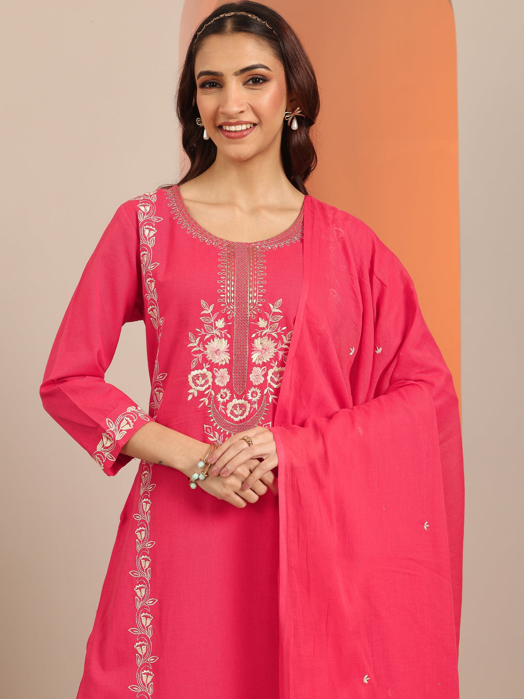  Coral Embroidered Cotton Straight Suit Set With Dupatta 