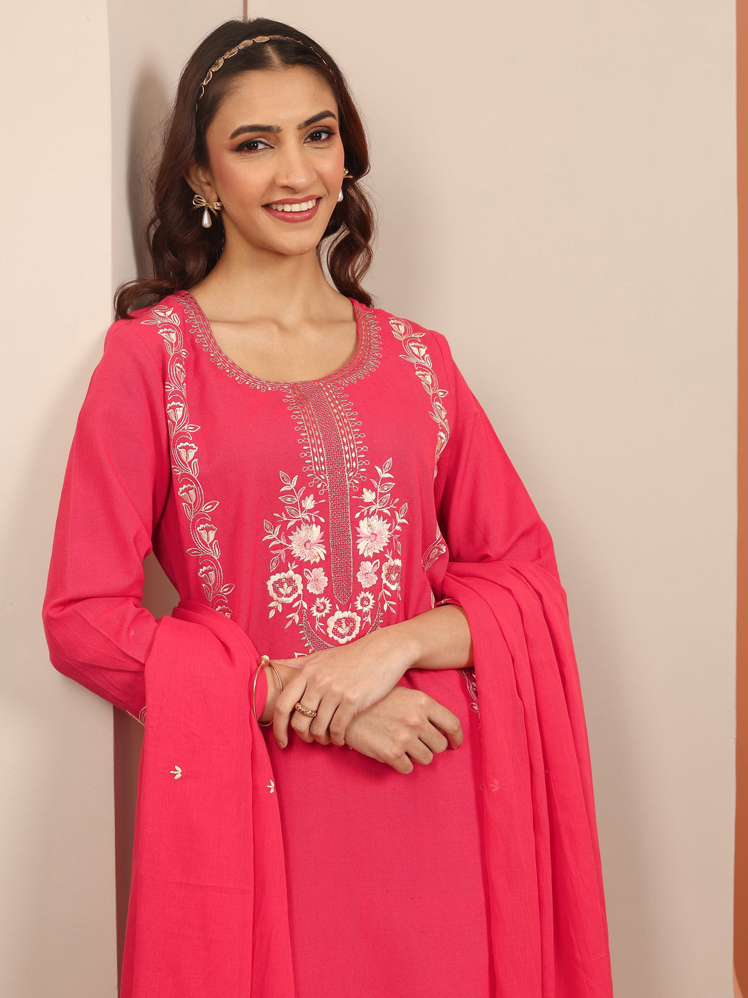  Coral Embroidered Cotton Straight Suit Set With Dupatta 