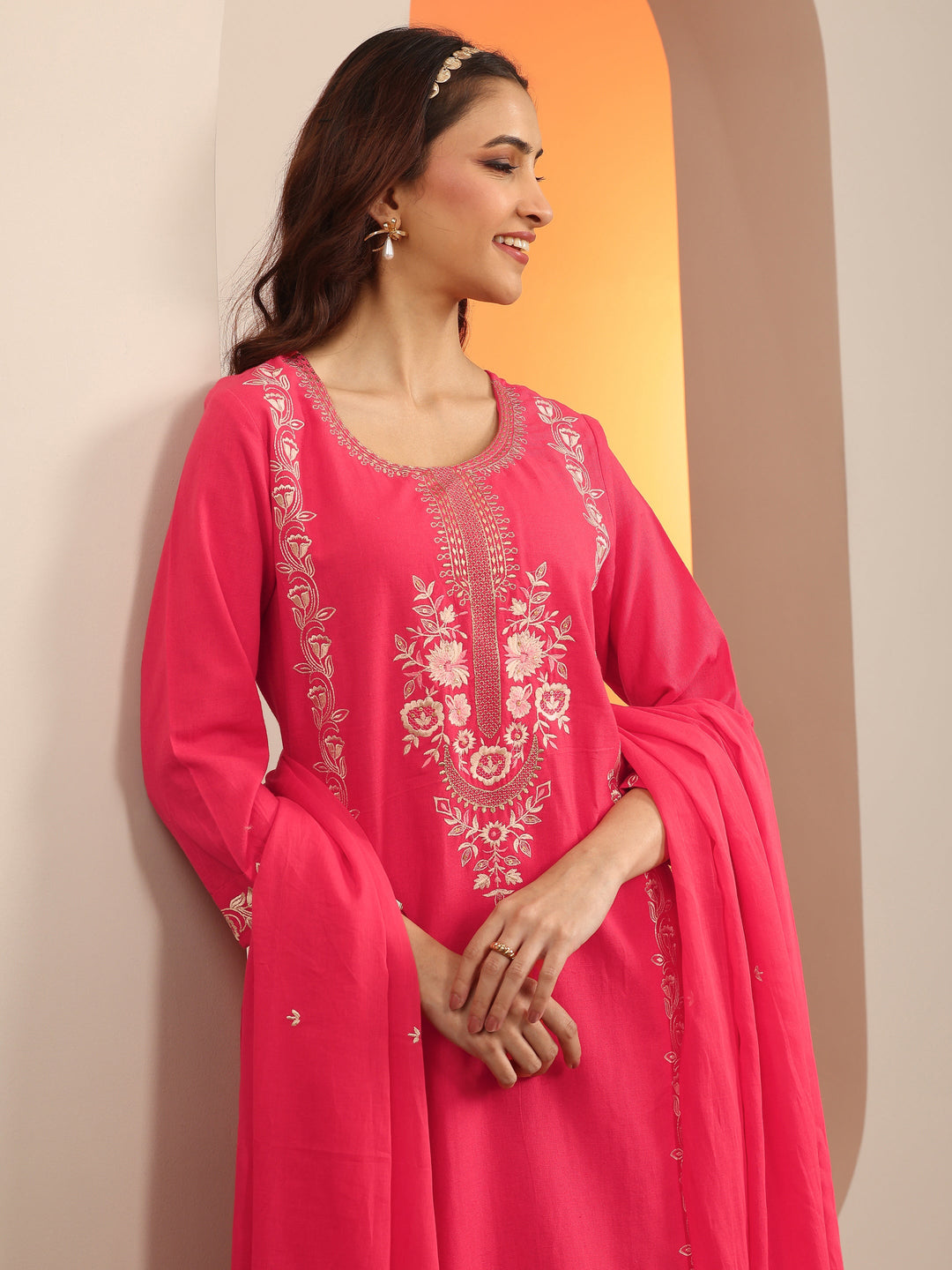  Coral Embroidered Cotton Straight Suit Set With Dupatta 