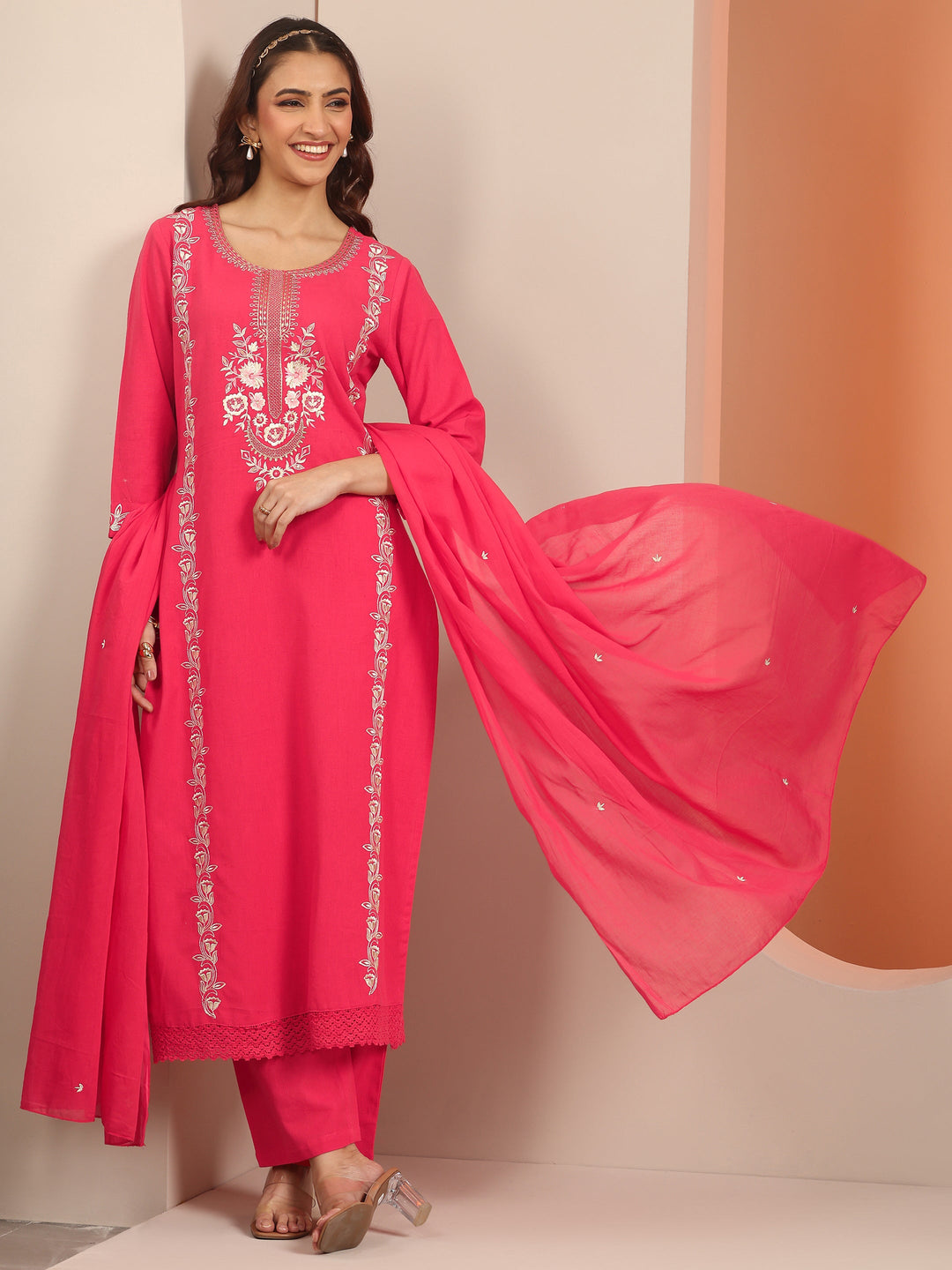  Coral Embroidered Cotton Straight Suit Set With Dupatta 