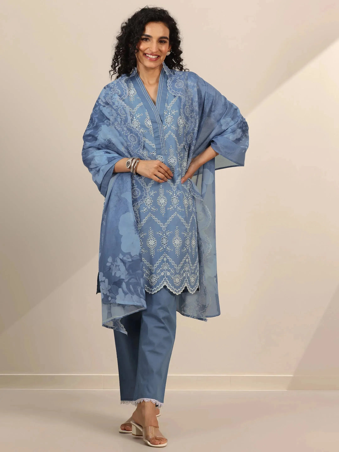  Blue Embroidered Cotton Straight Suit Set With Dupatta 