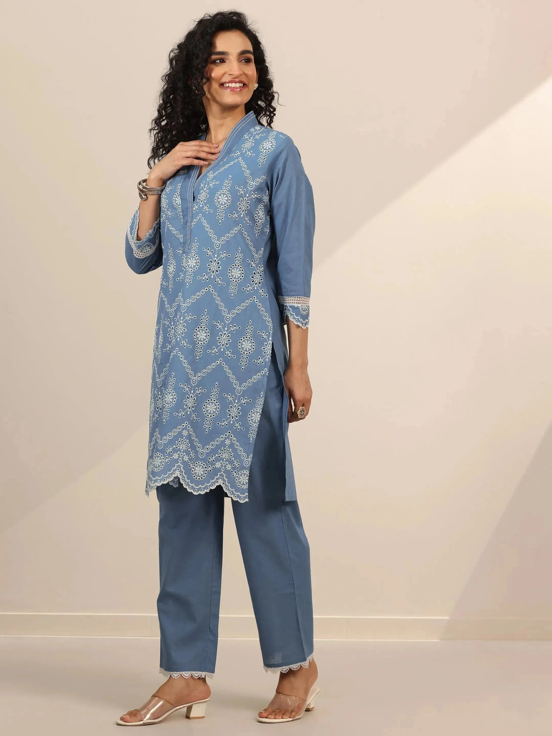  Blue Embroidered Cotton Straight Suit Set With Dupatta 