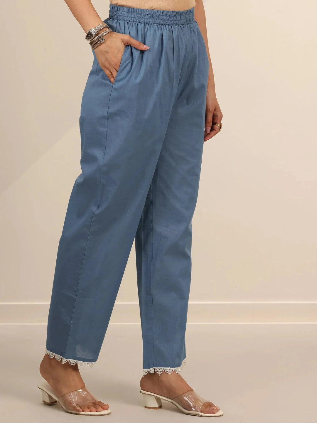  Blue Embroidered Cotton Straight Suit Set With Dupatta 
