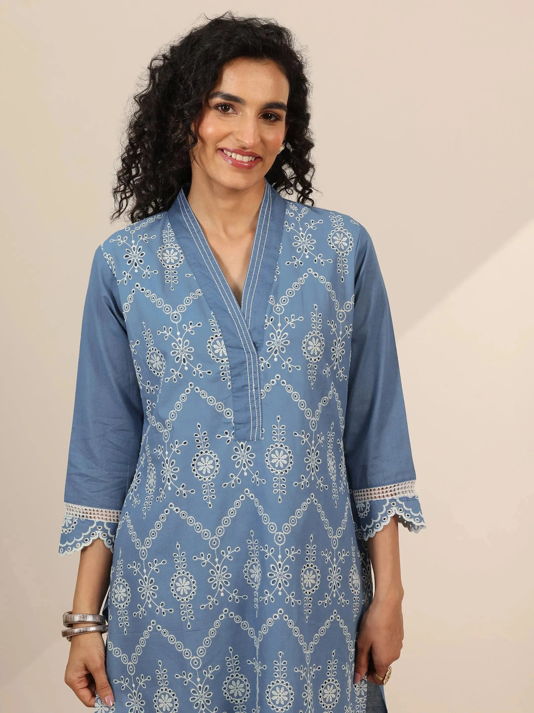  Blue Embroidered Cotton Straight Suit Set With Dupatta 