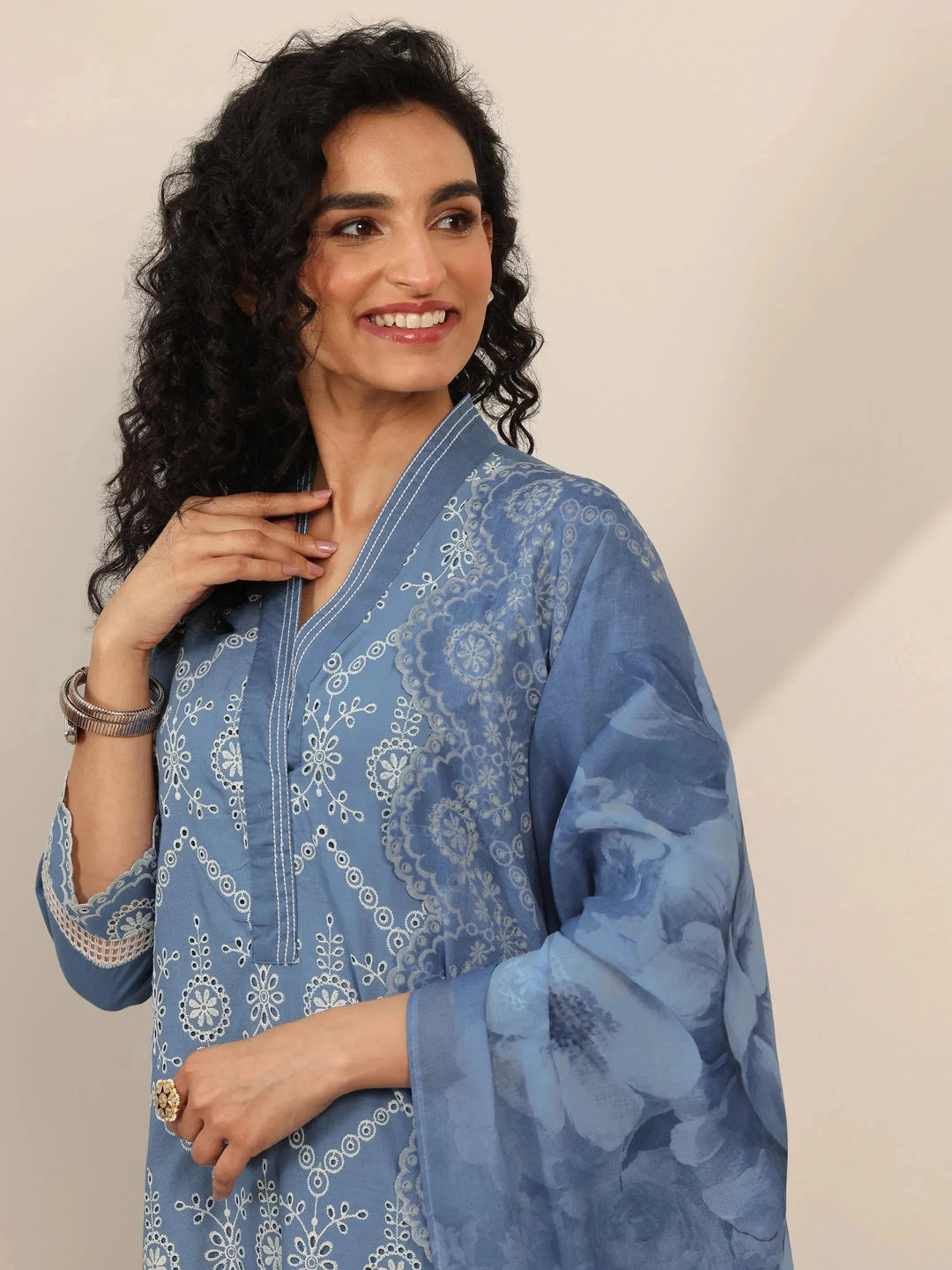  Blue Embroidered Cotton Straight Suit Set With Dupatta 