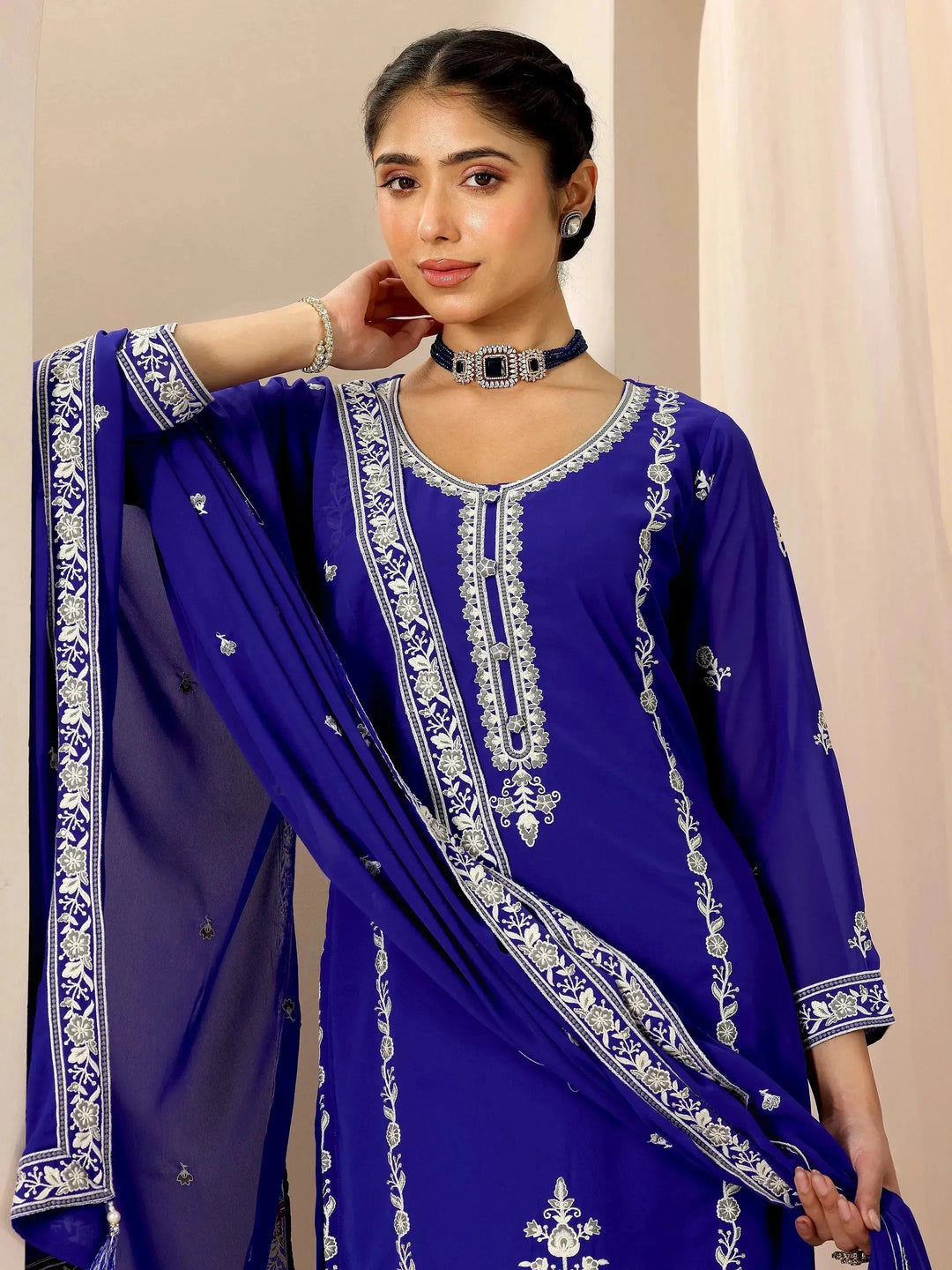  Blue Embroidered Georgette Straight Suit Set With Dupatta 