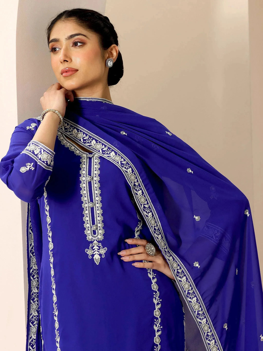  Blue Embroidered Georgette Straight Suit Set With Dupatta 