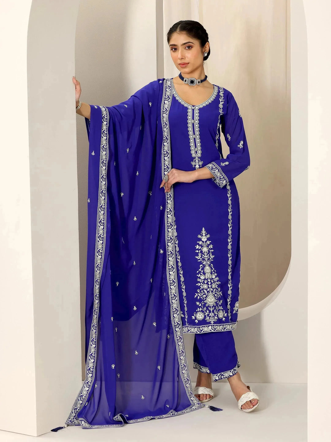  Blue Embroidered Georgette Straight Suit Set With Dupatta 