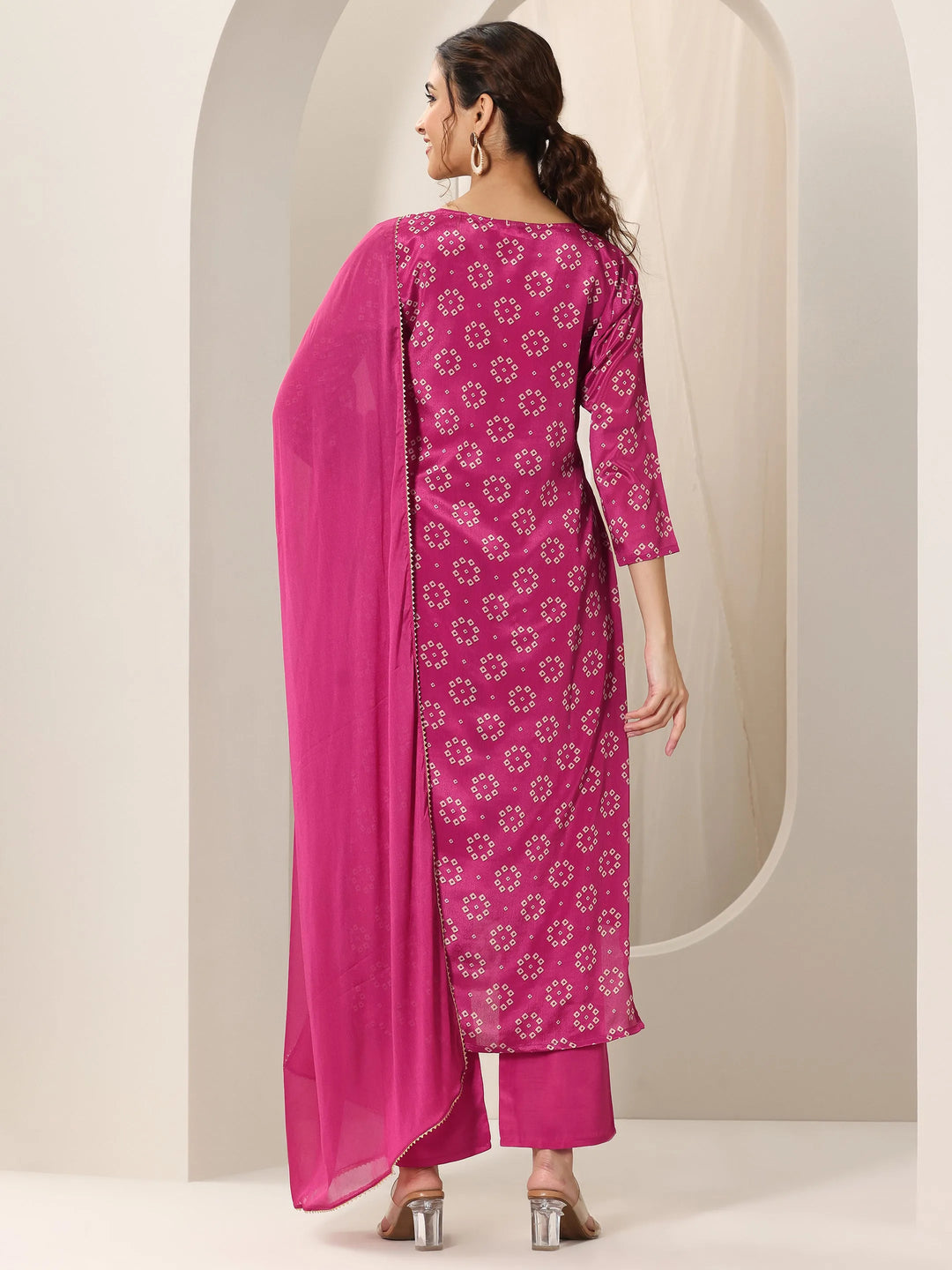  Pink Printed Silk Blend Straight Suit Set With Dupatta 