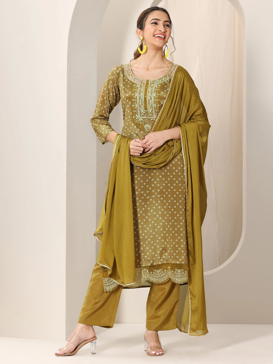  Olive Printed Silk Blend Straight Suit Set With Dupatta 