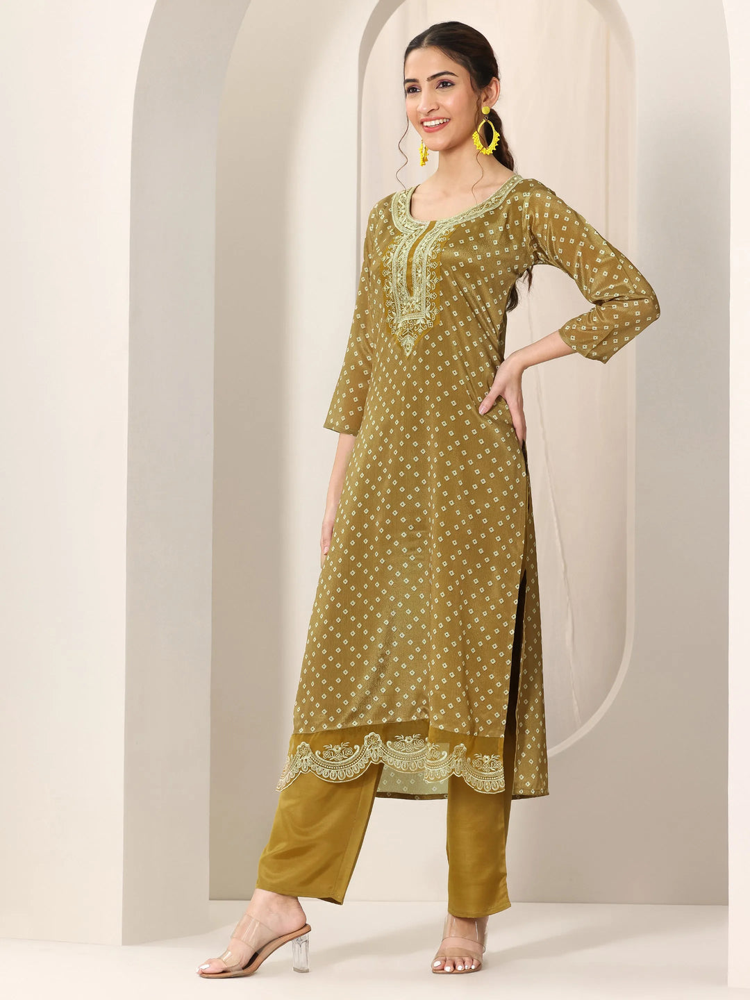  Olive Printed Silk Blend Straight Suit Set With Dupatta 
