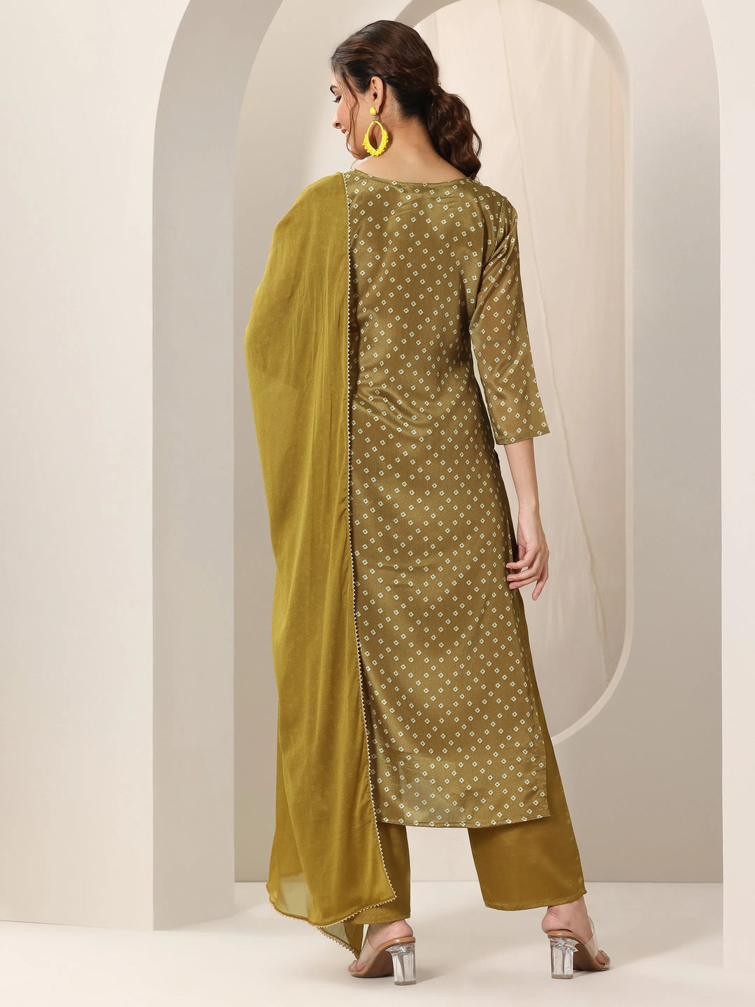  Olive Printed Silk Blend Straight Suit Set With Dupatta 
