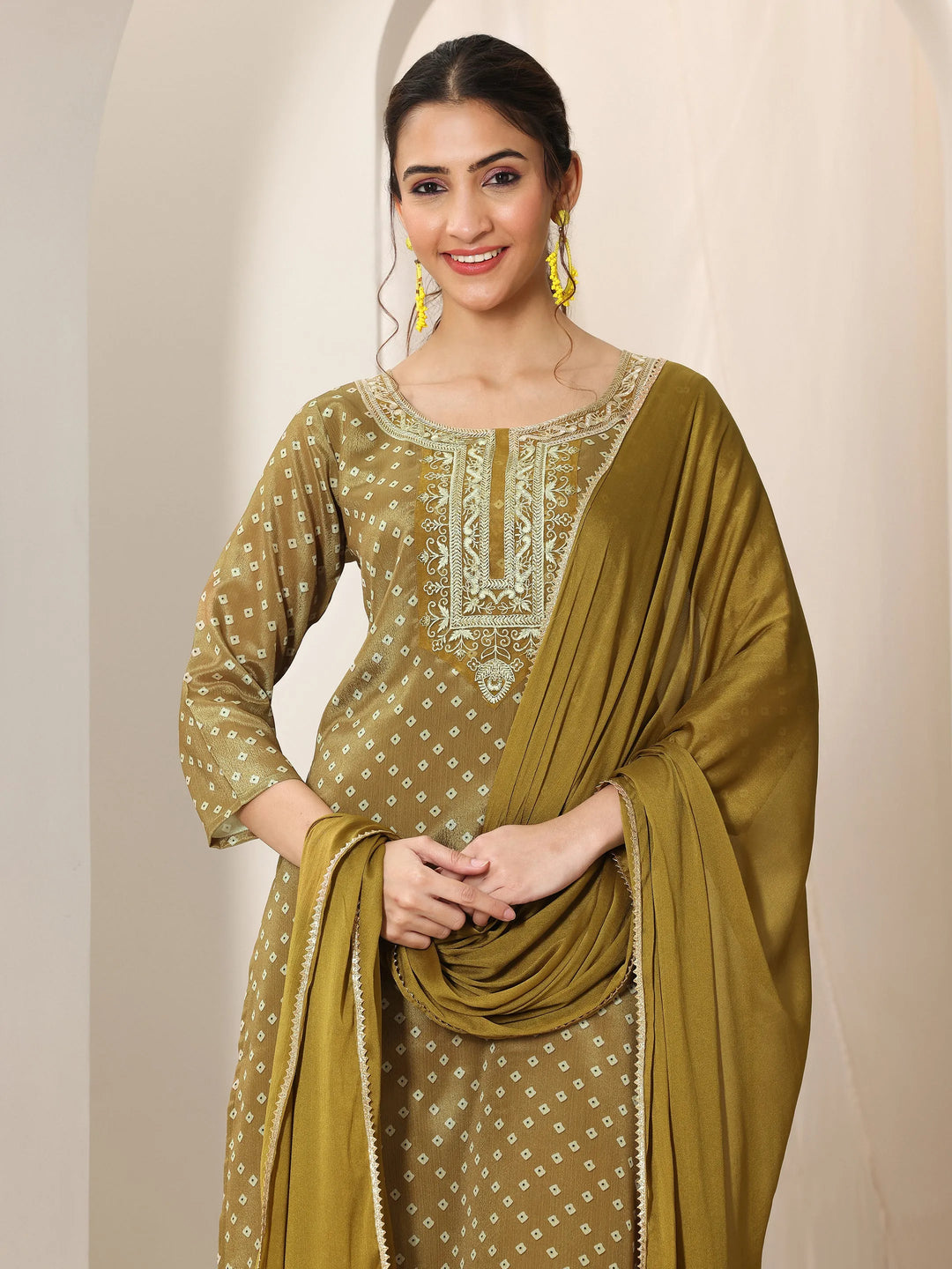  Olive Printed Silk Blend Straight Suit Set With Dupatta 