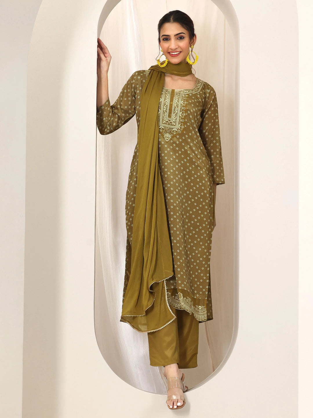  Olive Printed Silk Blend Straight Suit Set With Dupatta 