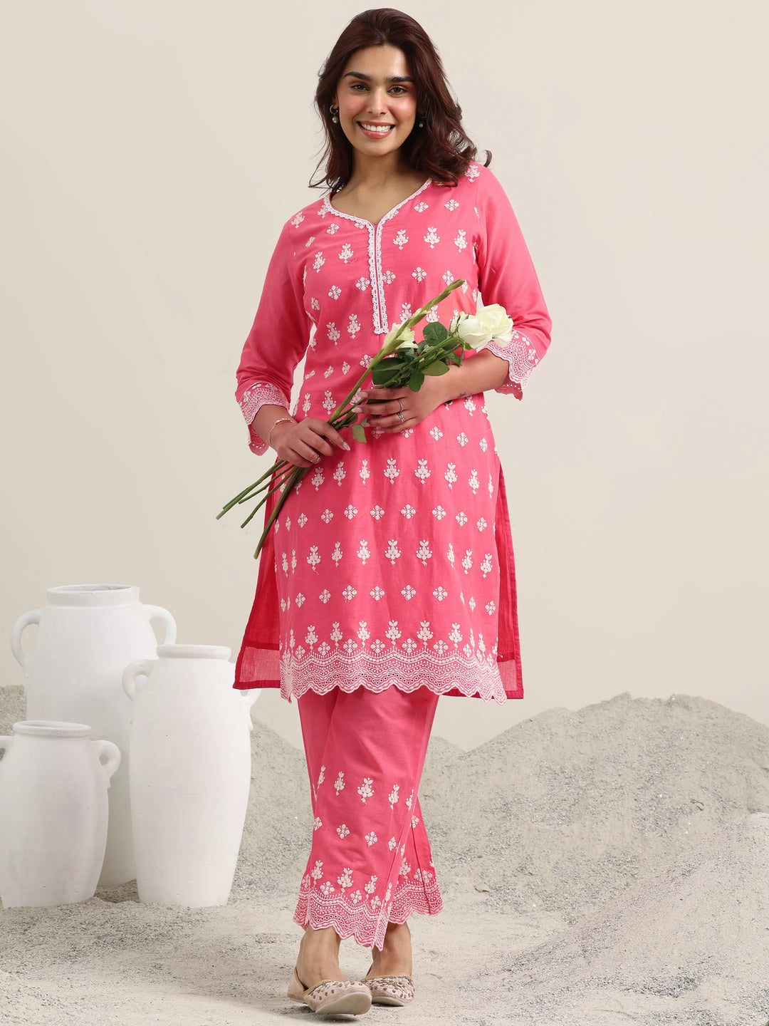  Pink Embroidered Cotton Straight Kurta With Palazzos 