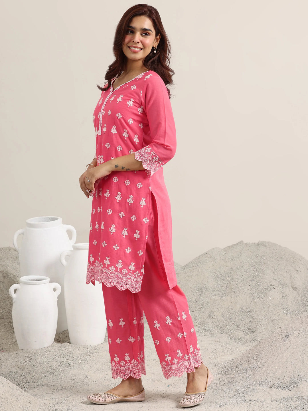  Pink Embroidered Cotton Straight Kurta With Palazzos 
