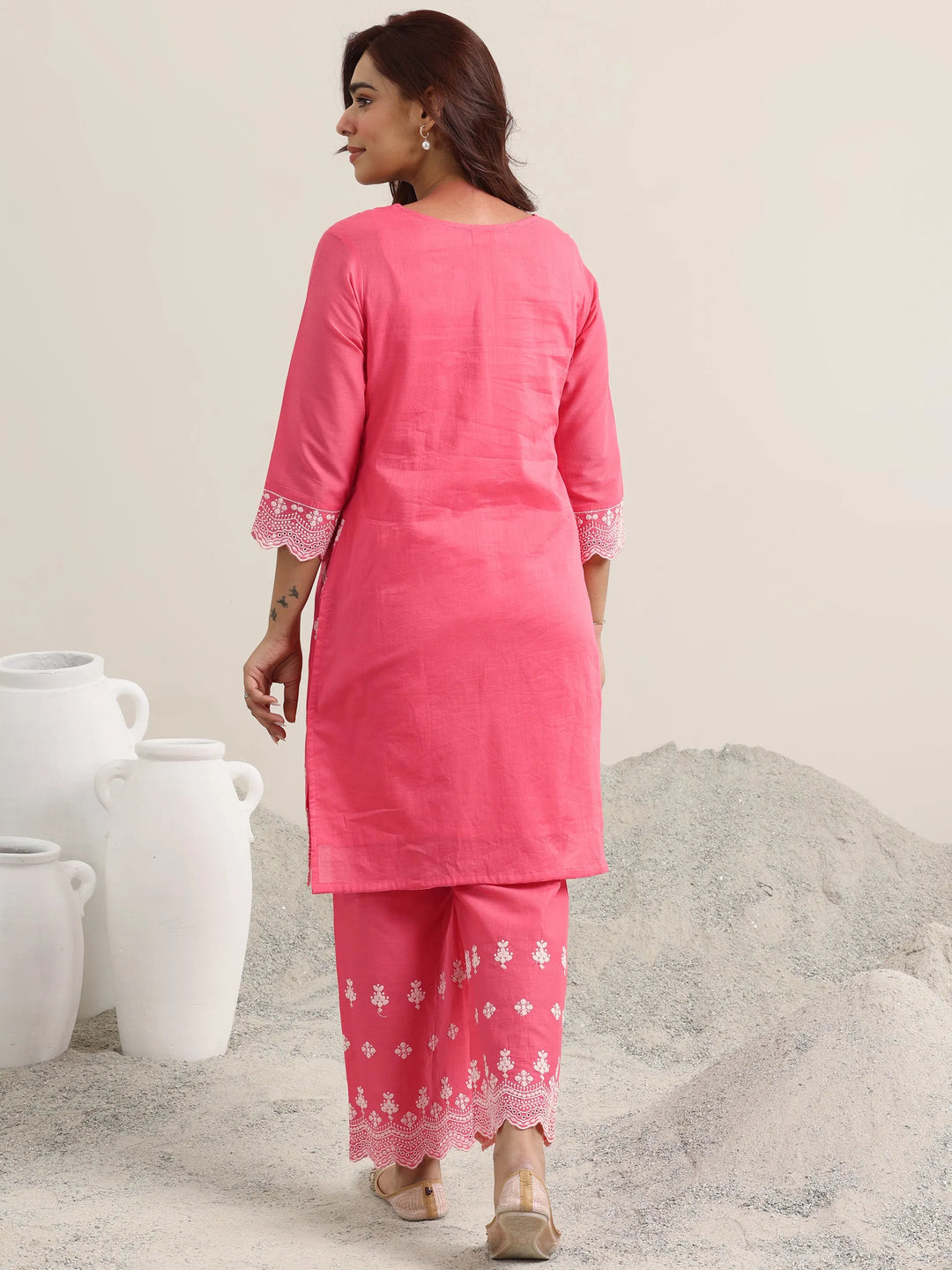  Pink Embroidered Cotton Straight Kurta With Palazzos 