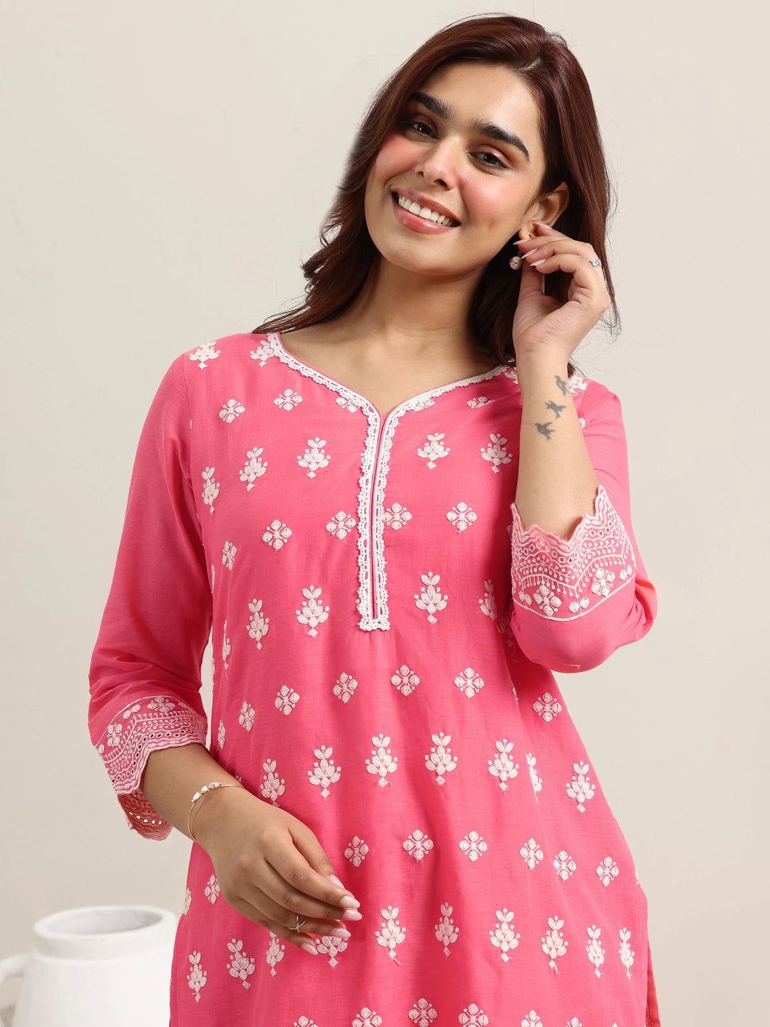  Pink Embroidered Cotton Straight Kurta With Palazzos 