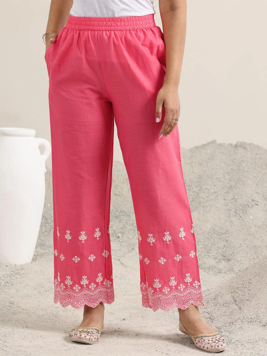  Pink Embroidered Cotton Straight Kurta With Palazzos 