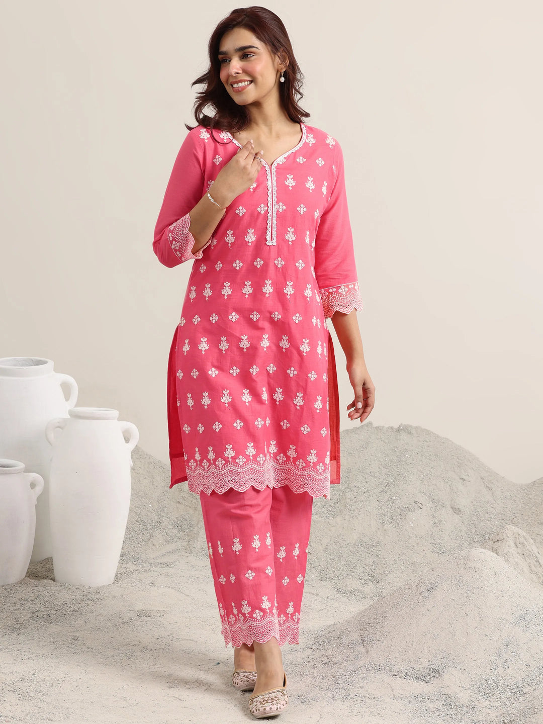  Pink Embroidered Cotton Straight Kurta With Palazzos 