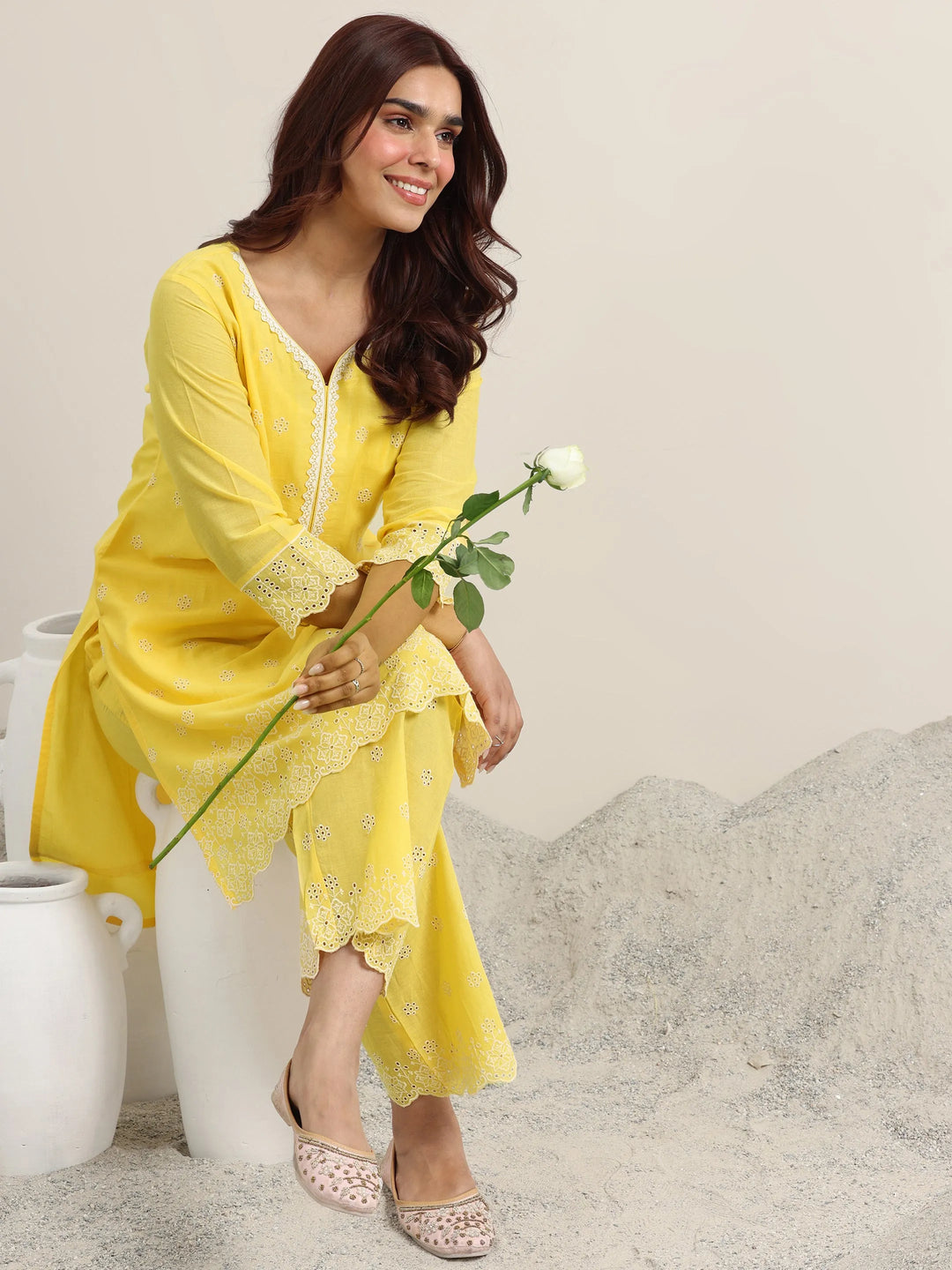  Yellow Embroidered Cotton Straight Kurta With Palazzos 