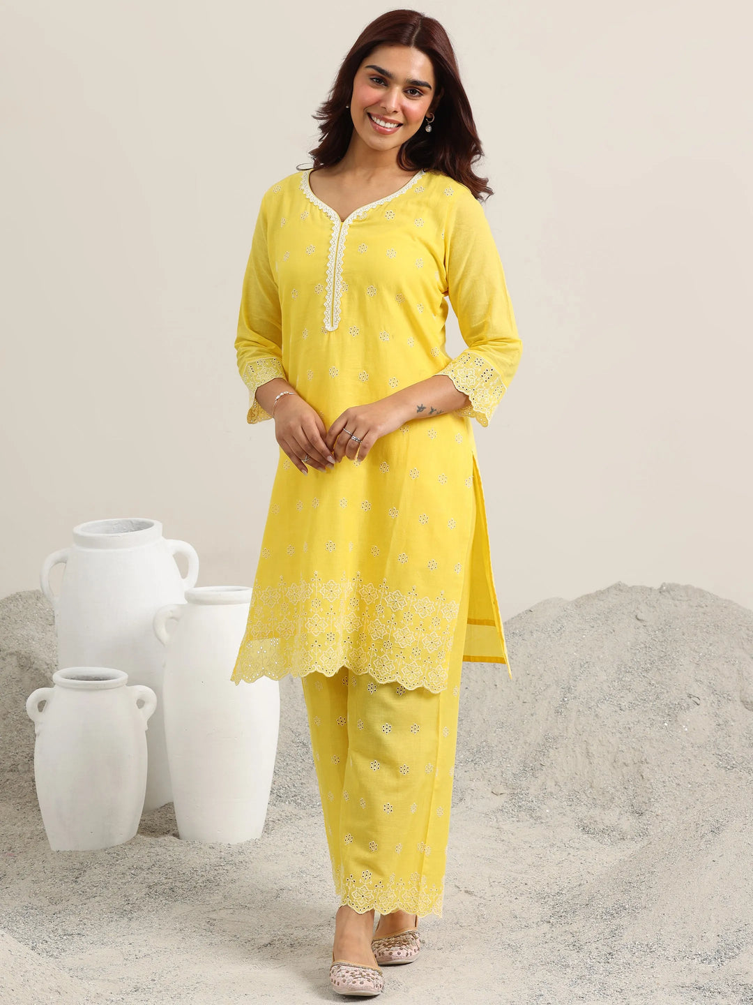  Yellow Embroidered Cotton Straight Kurta With Palazzos 
