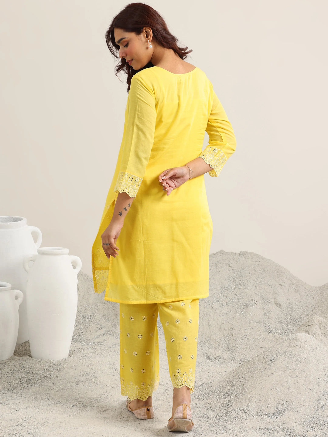  Yellow Embroidered Cotton Straight Kurta With Palazzos 