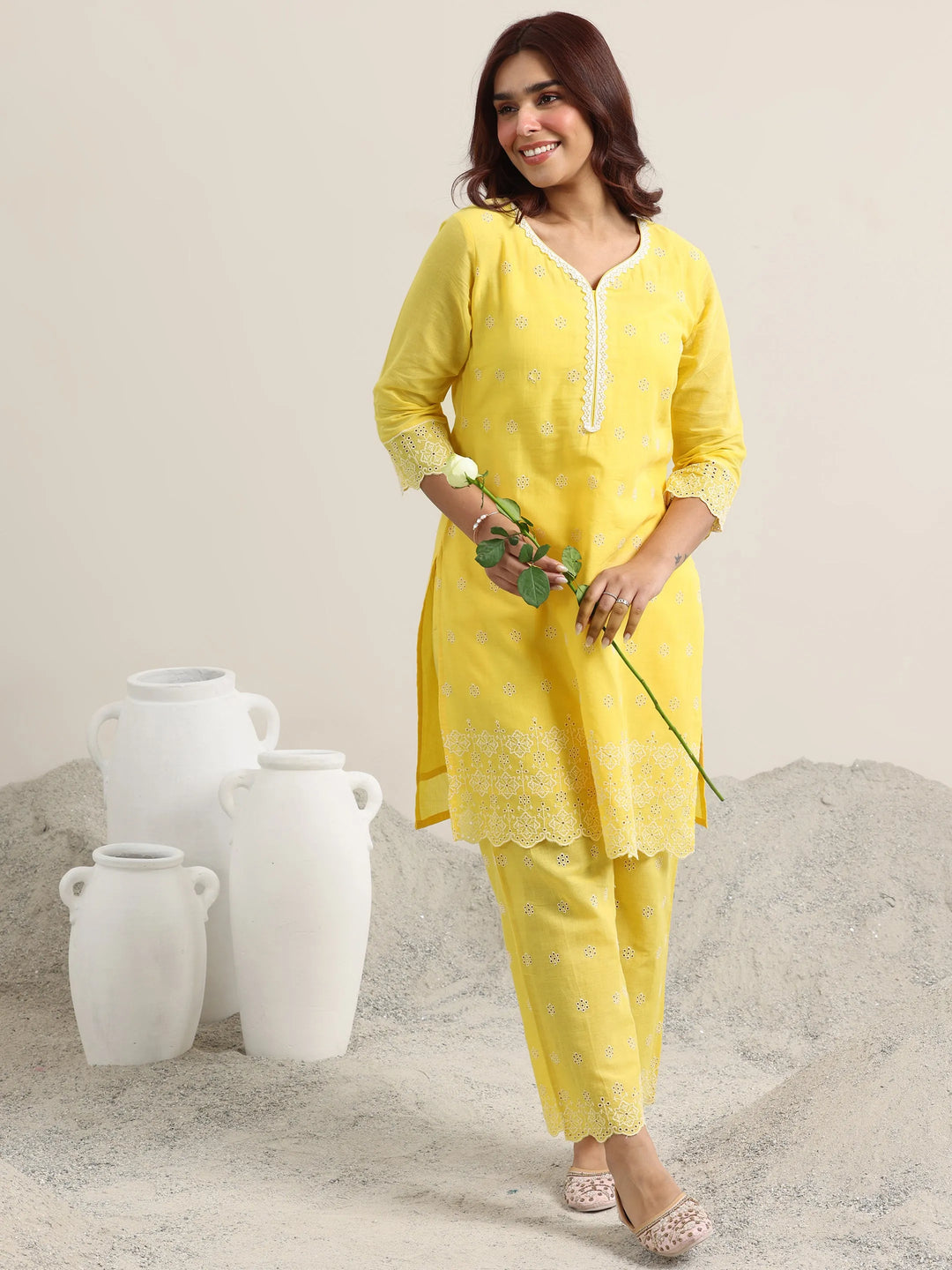  Yellow Embroidered Cotton Straight Kurta With Palazzos 