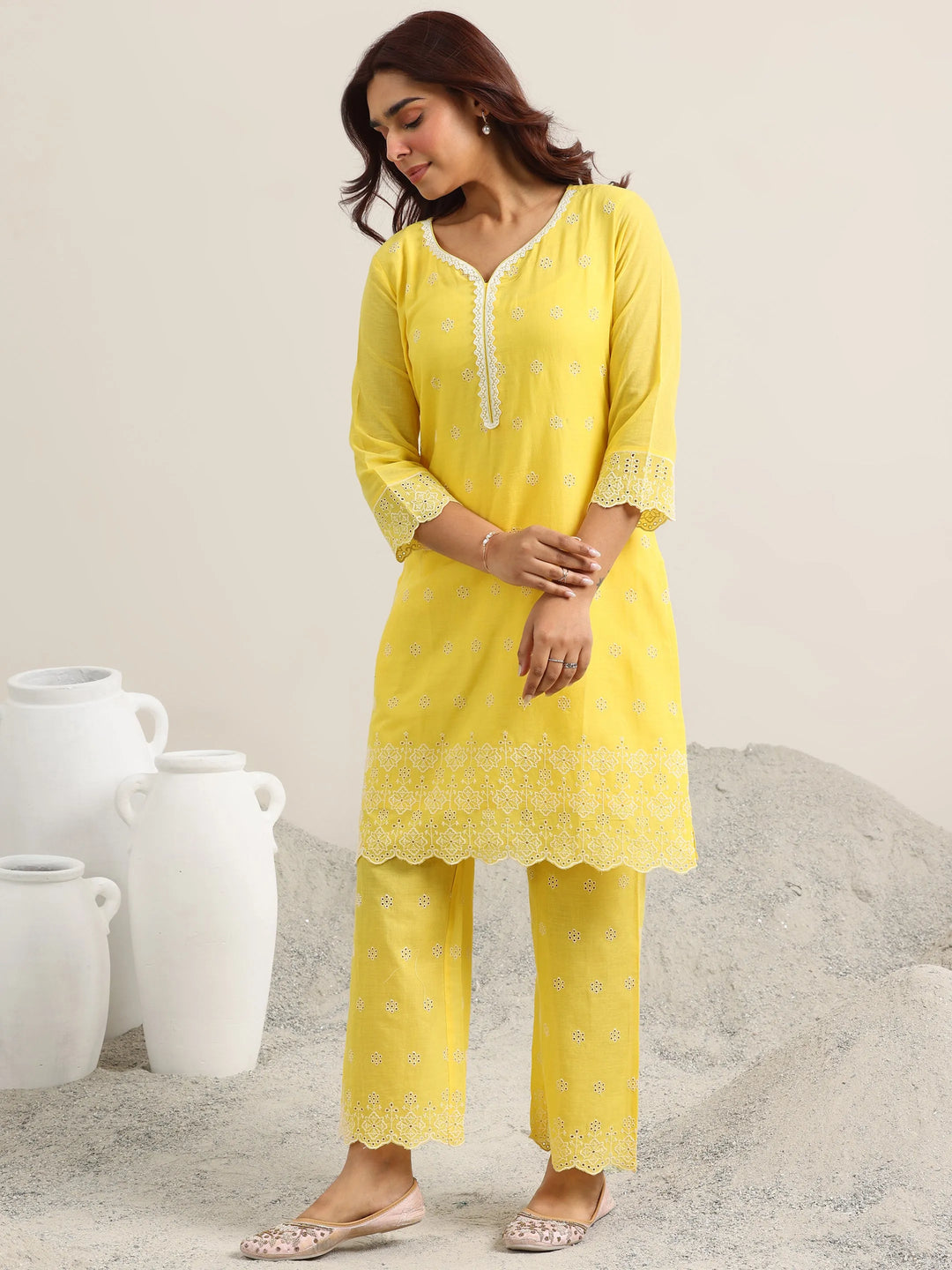  Yellow Embroidered Cotton Straight Kurta With Palazzos 