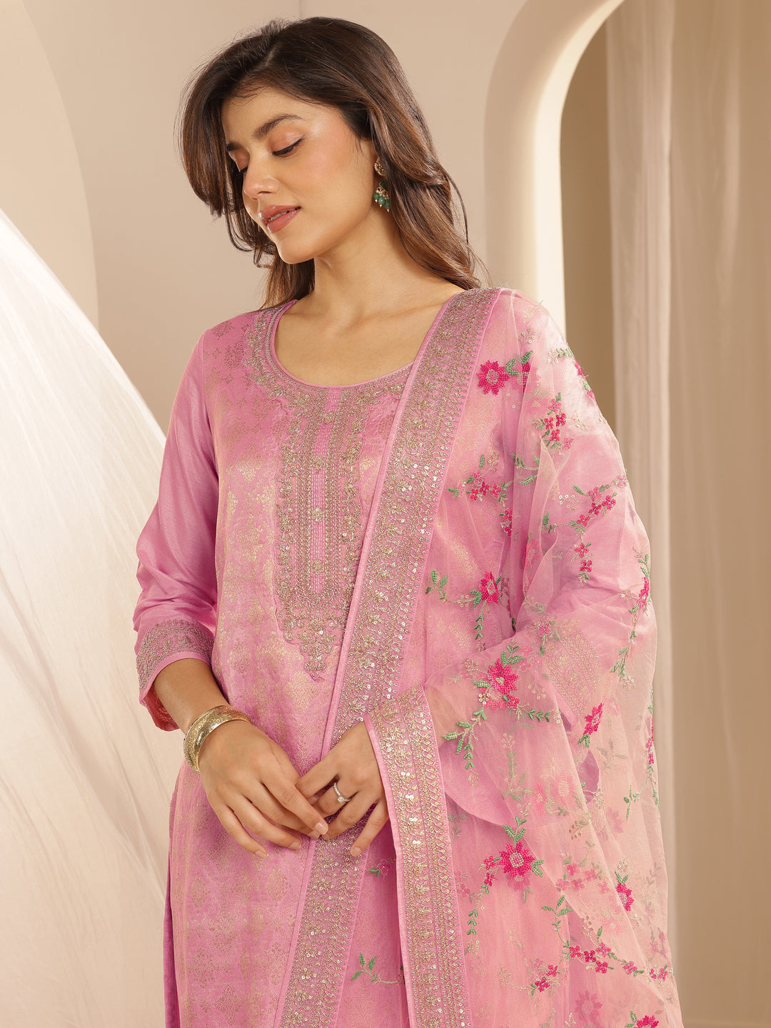  Pink Woven Design Silk Blend Straight Suit Set With Dupatta 