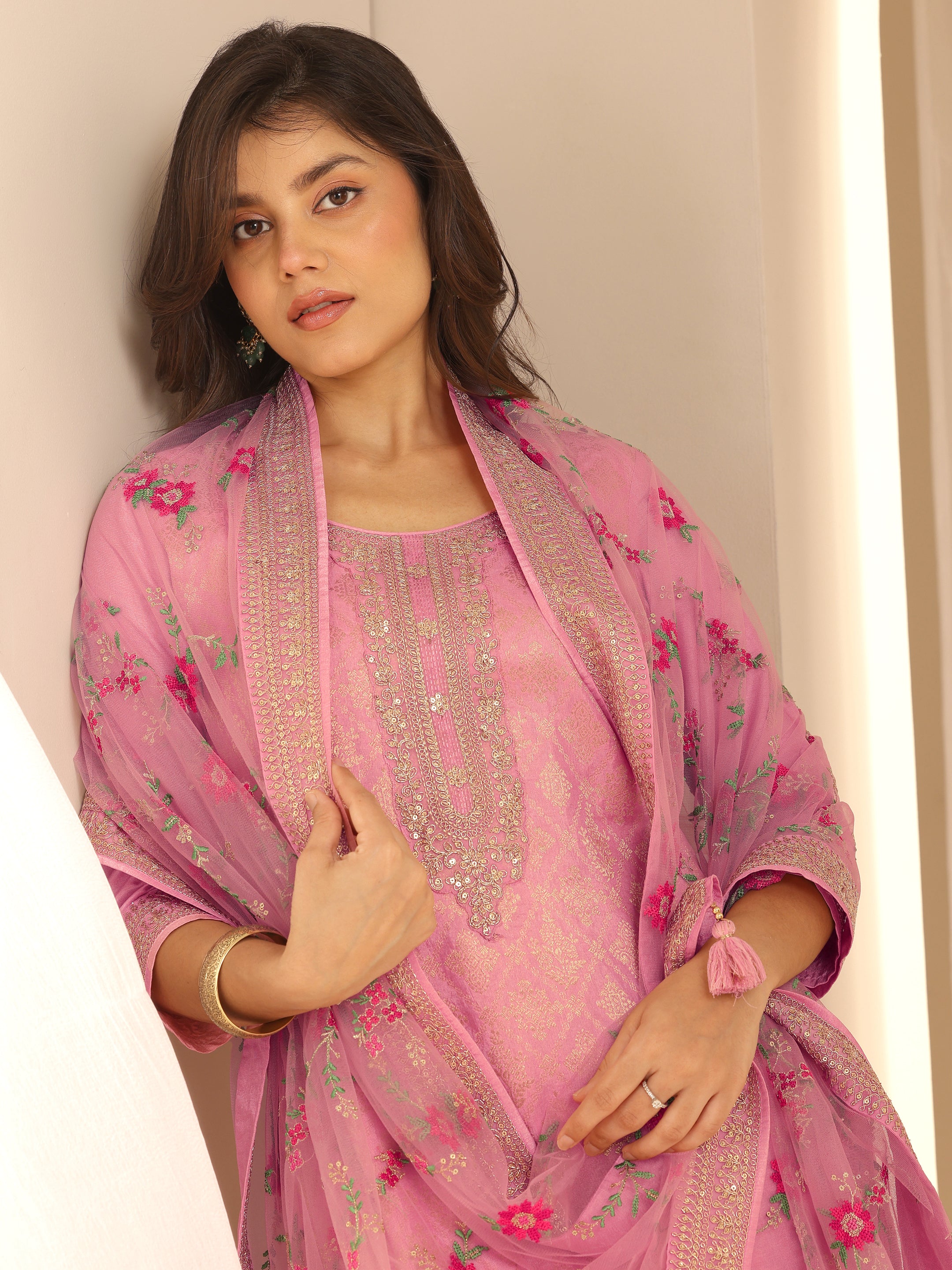 libas Pink Woven Design Silk Blend Straight Suit Set With Dupatta-picture-38