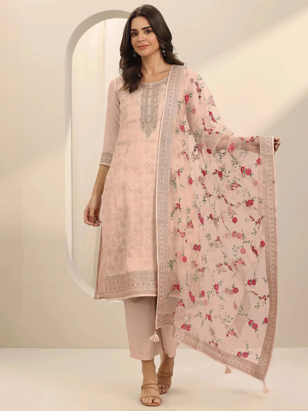  Taupe Woven Design Silk Blend Straight Suit Set With Dupatta 