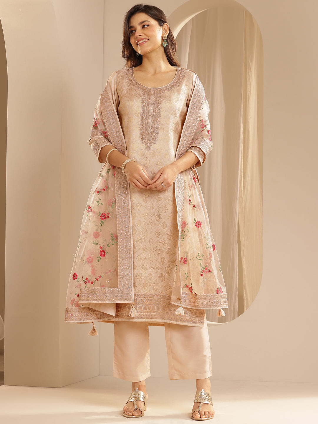  Taupe Woven Design Silk Blend Straight Suit Set With Dupatta 