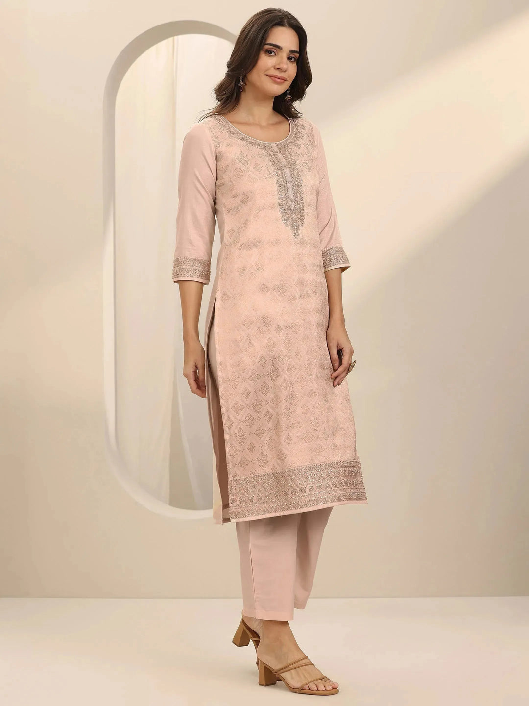  Taupe Woven Design Silk Blend Straight Suit Set With Dupatta 