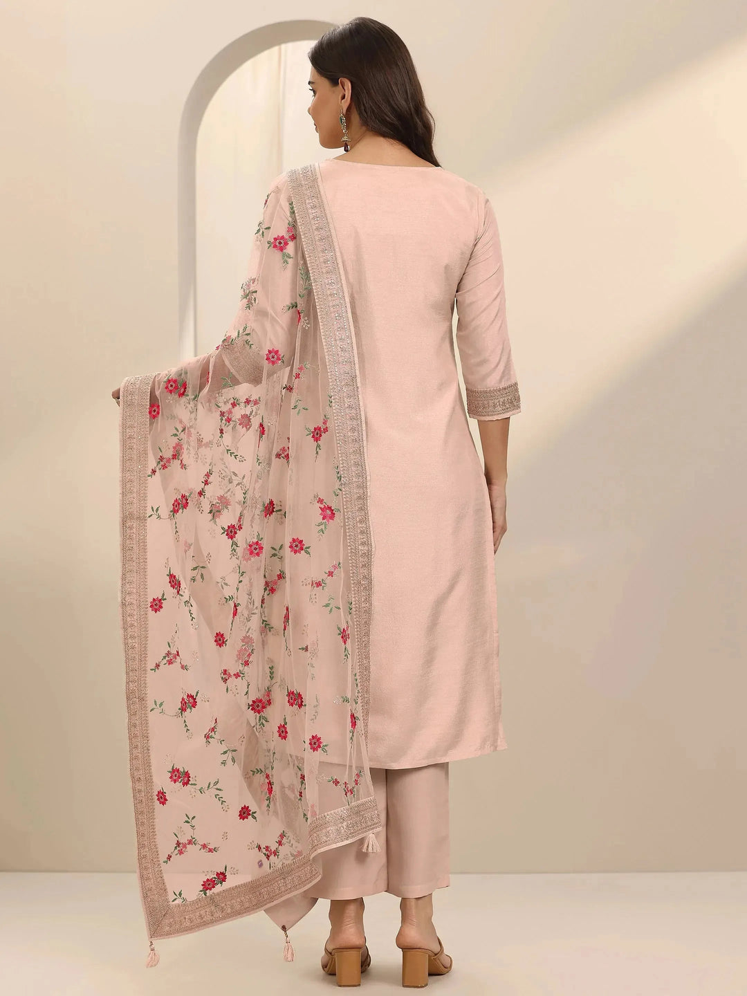  Taupe Woven Design Silk Blend Straight Suit Set With Dupatta 