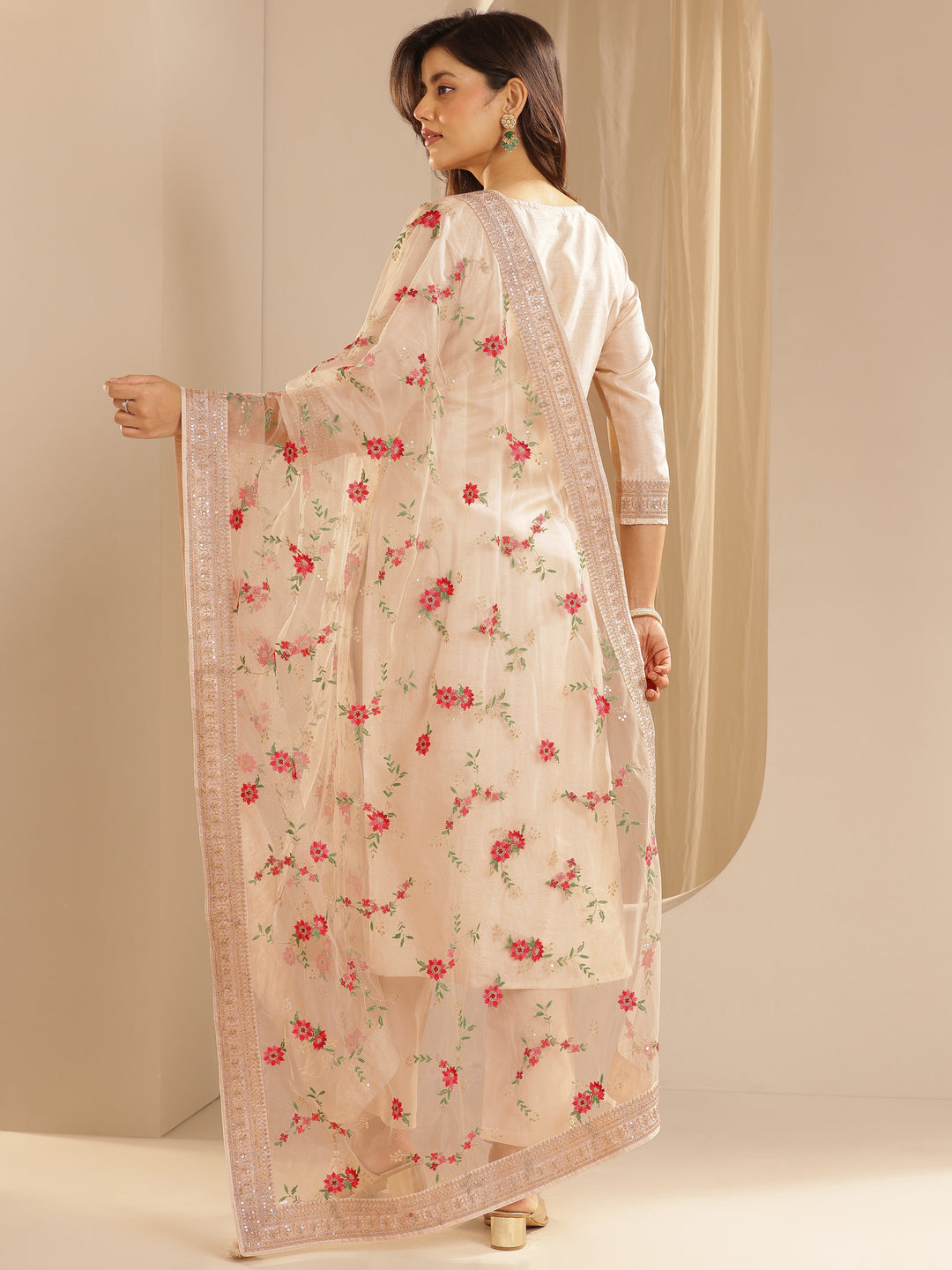  Taupe Woven Design Silk Blend Straight Suit Set With Dupatta 